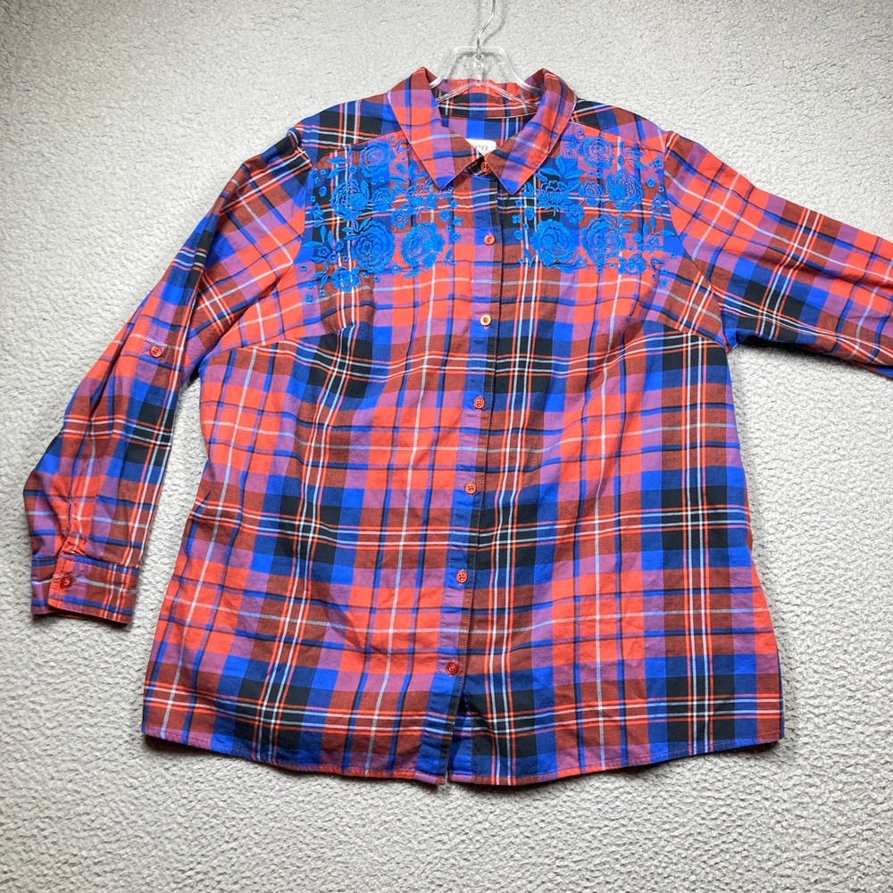 d&co Denim Company Women's Top 1X Red Blue Plaid Embroidered Button‎ Up Long Slv